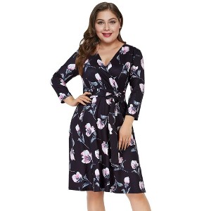 Womens Plus Size V-Neck Wrap Dress E-Black 3/4 Sleeve A Line Midi Cocktail Midi Work Dress XL - 1 of 4