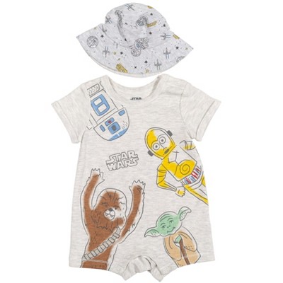 Image of Star Wars Yoda R2-D2 Chewbacca C-3PO Newborn Baby Boys Romper and Sunhat 3-6 Months