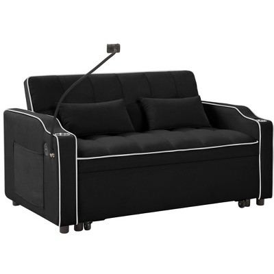 VYNXARIA versatile foldable sofa bed in 3 length, Modern sofa velvet pull-out bed, adjustable back with USB port , ashtray ,swivel phone stand (Black)