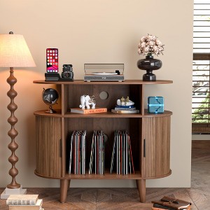 MOEPISY Large Round Record Player Stand with Charging Station & USB Ports Brown - 1 of 4