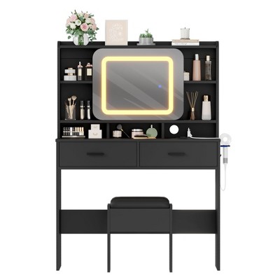 Makeup Vanity with Sliding Mirror, 3 Lighting Modes Adjustable Vanity Desk with Charging Station and Soft Cushioned Stool