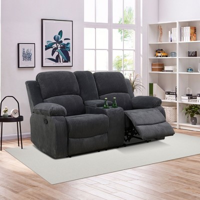 MAYEERTY Power Reclining Loveseat, Manual 2-Seat Fabric Recliner with Storage & Cup Holders for Living Room, Dark Grey