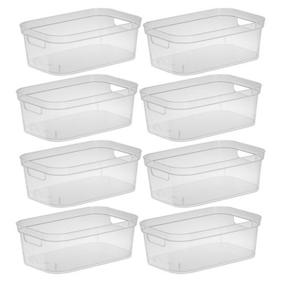 Sterilite 4.25 x 8 x 12.25 Inch Small Modern Storage Bin w/ Comfortable Carry Through Handles & Banded Rim for Household Organization, Clear (8 Pack)