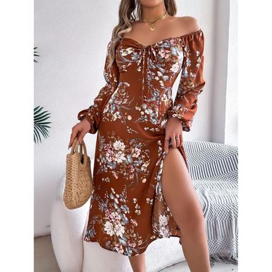 Women's Boho Flowy Long Sleeve Square Neck Floral Midi Dress Smocked Spring  Fall Wedding Guest DressesBrown XL : Target
