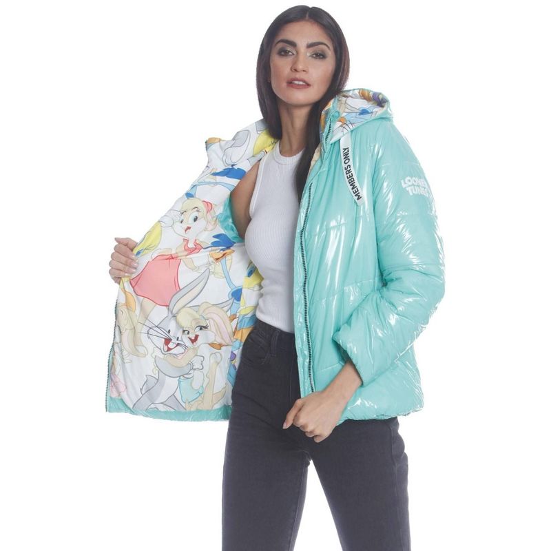 Members Only Women's Hi-Shine Chevron Quilt Puffer Jacket with Looney Tunes Mashup Print Lining, 1 of 6