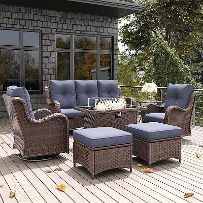 LayinSun Outdoor Patio Furniture Set, Brown Rattan Wicker Sectional Swivel Rocker Chairs Sets with Ottomans, Swivel Glider Chair