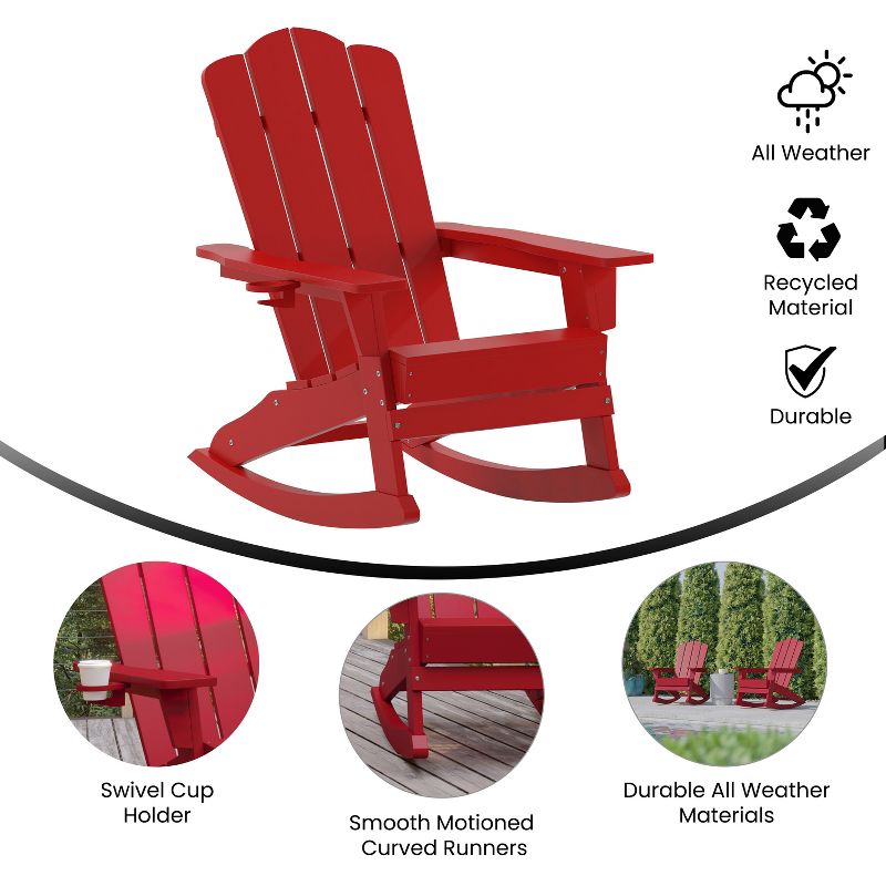 Merrick Lane Adirondack Rocking Chair with Cup Holder, Weather Resistant HDPE Adirondack Rocking Chair in Red, 4 of 11