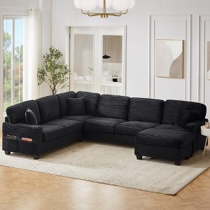 125.2" U-Shaped Sectional Sofa with Movable Ottoman, Corduroy Upholstery, Storage Pockets & Pillows, L-Shaped Convertible Couch for Living Room - 1 of 4