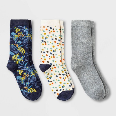 Women's Floral Fall Berries 3pk Crew Socks - A New Day™ Navy 4-10