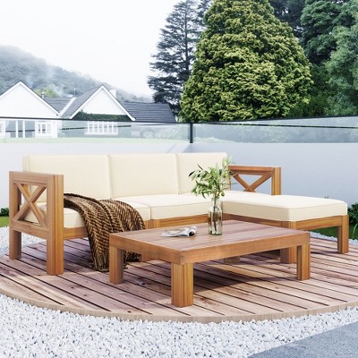 Chic Crate-5-Piece Wood Outdoor Patio Sectional Sofa Set with Water-Resistant Beige Cushions for Backyard, Porch, Deck - Natural Finish