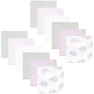 Hudson Baby Infant Girl Flannel Cotton Washcloths, Lilac Elephants 12 Pack, One Size - 1 of 4