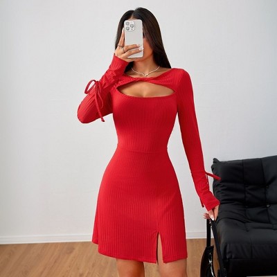 Coolmee Women's Long Sleeve Sweater Dress Sexy Cut Out Bodycon Trendy Ribbed Ladies Winter Sweater Mini Dress