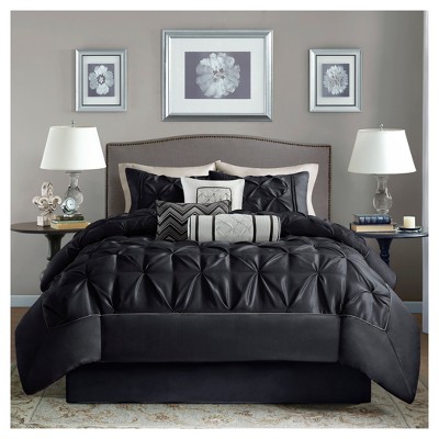 King Black Microfiber Pintuck Comforter Set with Decorative Pillows