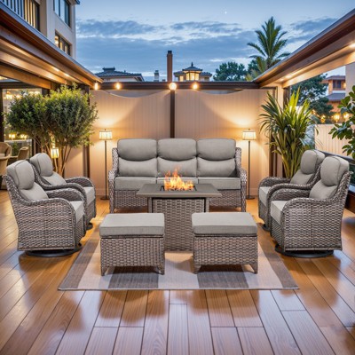 Buenhomino Patio Furniture Set with Fire Pit, Outdoor Wicker Furniture, 8 Pieces Deep Seat Rattan Conversation Sofa Sets with 6-inch Thicked Cushions