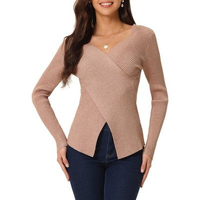 Seta T Women's V Neck Wrap Long Sleeve Criss Cross Casual Pullover Sweater