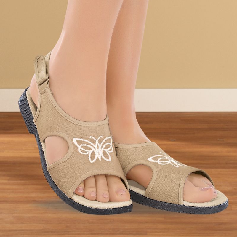 Collections Etc Embroidered Butterfly Canvas Open Toe Stretch Sandals with Adjustable Touch Closure, 2 of 5