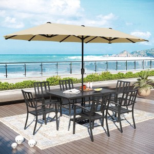 Captiva Designs 8pc Patio Dining Slat-top Rectangle Table & Stackable Steel Chairs & 13ft Large Umbrella - 1 of 4