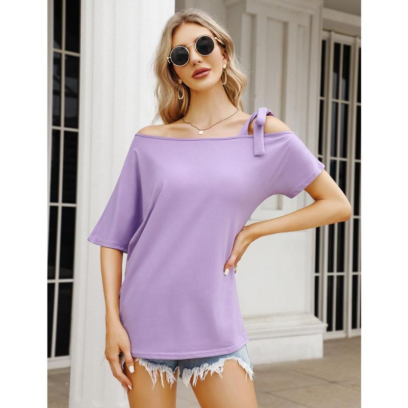 Womens Asymmetric Tee Open Shoulder Shirts One Shoulder Strape Tops Short Sleeve Tee Tops, 4 of 8