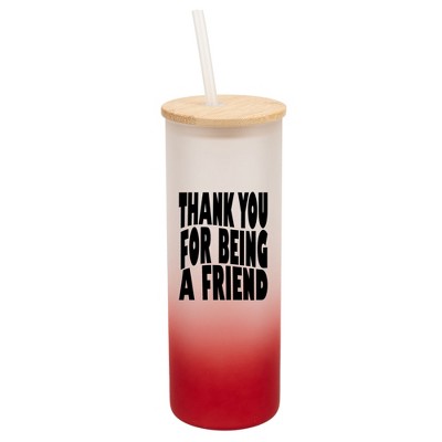 Elanze Designs Thank You For Being A Friend Wrap-Around Design 25 Ounce Frosted Gradient Glass On-The-Go Coffee Travel Skinny Tumbler Mug Cup, Bamboo