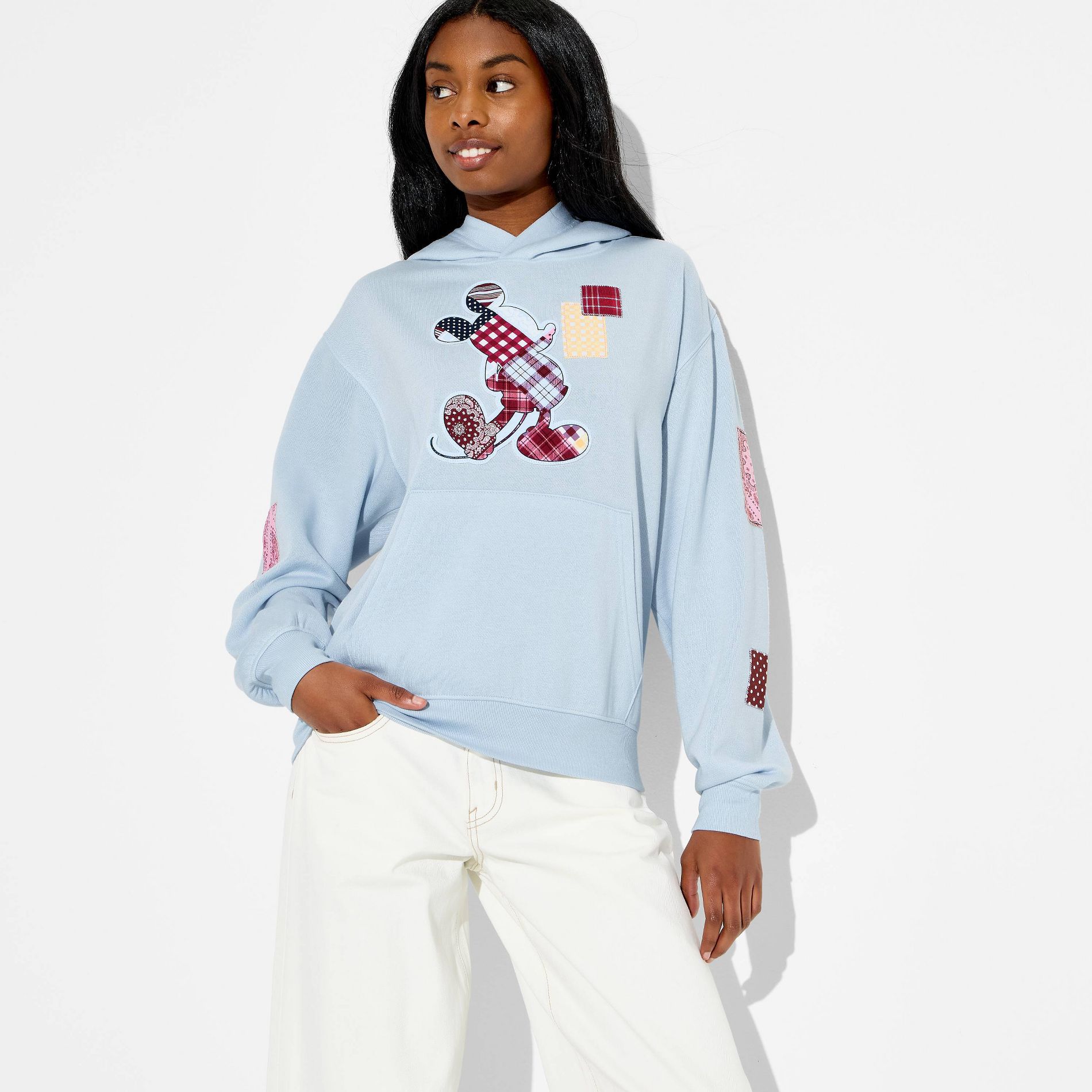 Women's Hooded Mickey Patchwork Graphic Pullover Sweatshirt - Light Blue