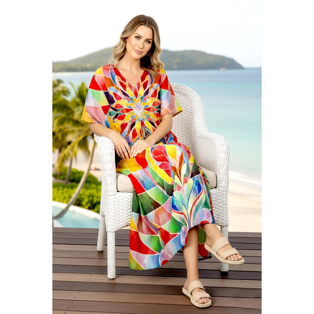 HAPPY BAY Women's Summer Vacation Loungewear Casual Long Kaftan Beach Cover Up Dress Maxi Dresses Caftans for Women One Size Multicolor Floral - thumbnail 4