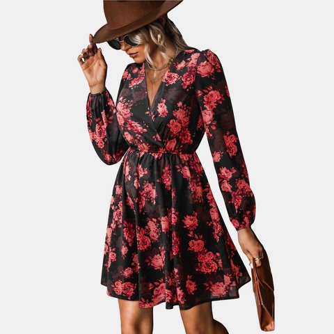 Женские платья Cupshe Women's Floral Long Peasant Sleeve Chiffon A-Line Mini Dress-M-Black Red Floral