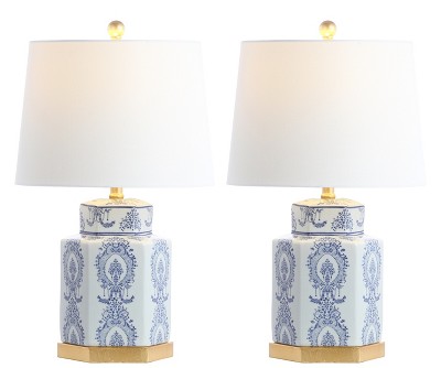 Bodin Blue and White Ceramic Table Lamp Set with Gold Leaf Finish