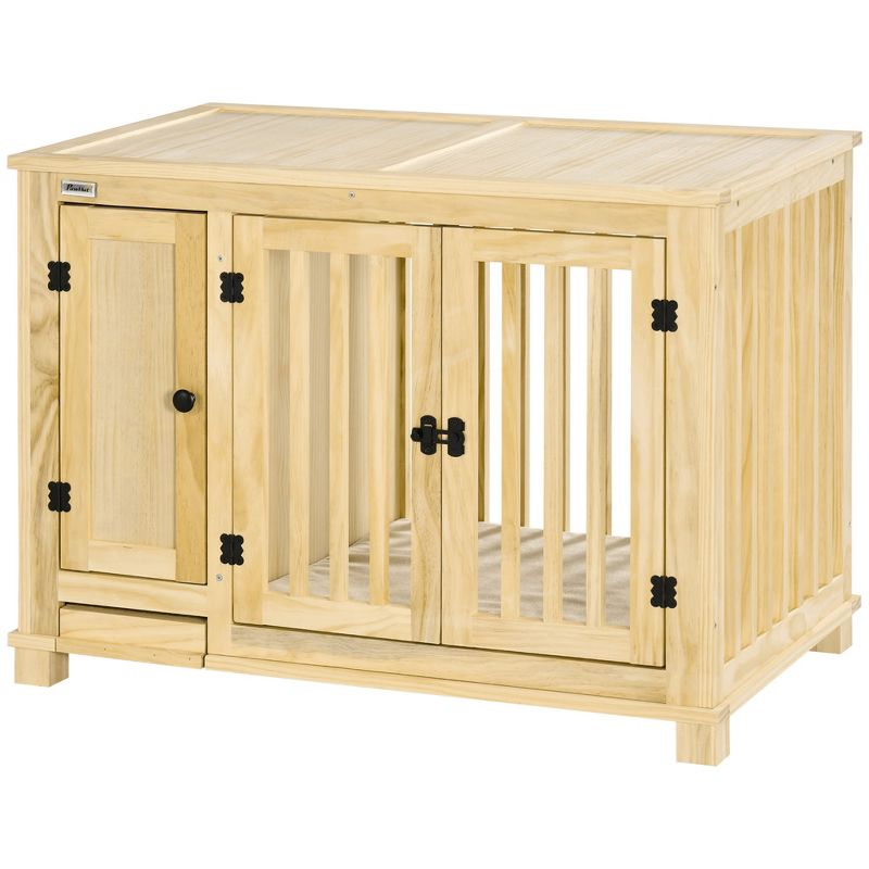 PawHut Small Dog Crate Furniture with Cabinet & Cushion, Wooden Dog Crate End Table with Food Bowl in Drawer, Indoor Dog Kennel Furniture Bed, Natural, 5 of 8