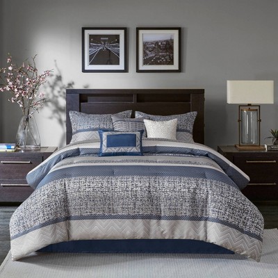Navy and Gray Geometric Jacquard Queen Comforter Set