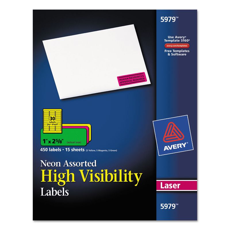 Avery High-Visibility Permanent ID Labels Laser 1 x 2 5/8 Asst. Neon 450/Pack 5979, 1 of 8