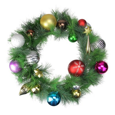 Northlight 24" Unlit Shiny Ornament Long Needle Pine Artificial Christmas Wreath