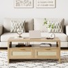 Coucheta 40" Boho Coffee Table with Storage, 2-Tier Rattan Console Table with Drawers & Open Shelf for Living Room, Apartment, Bedroom, Oak - 3 of 4