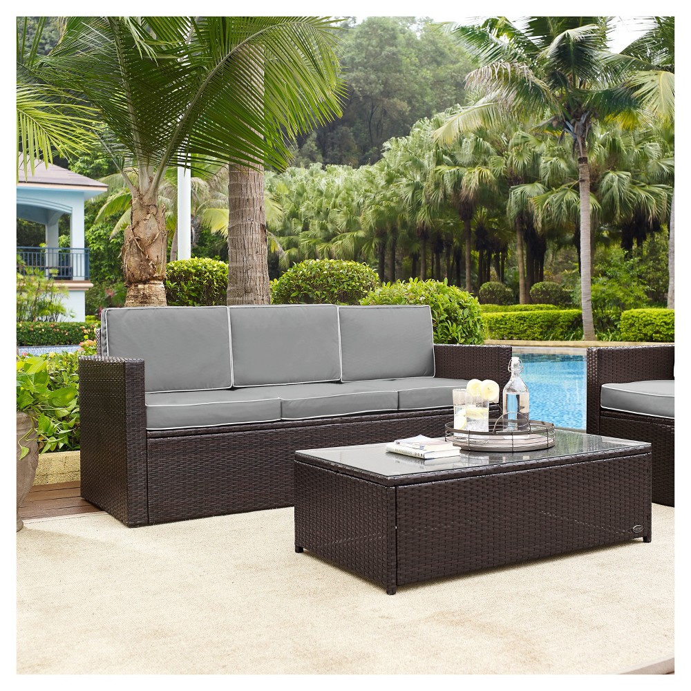 Palm Harbor Outdoor Wicker Sofa In Brown with Gray Cushions Crosley