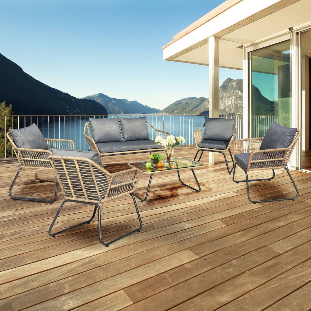 Lugano 6pc Rattan Wicker Outdoor Patio Sofa Seating Set with Cushions – Natural/Gray – DUKAP  – Patio​