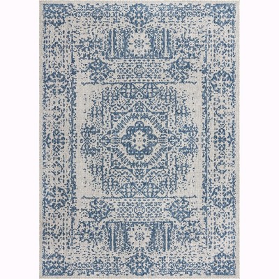 Blue Rectangular Stain-Resistant Outdoor Rug