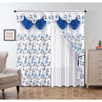Home Mart Goods Navy White Luxury Floral Embroidery Rod Pocket Window Panel Attached Valance Satin Backing 2 Tie Backs Curtain Set (2 Panels)