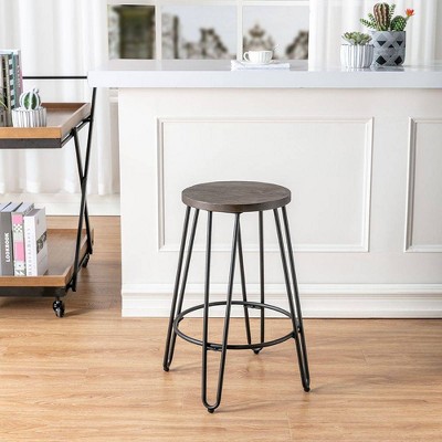 Industrial Black Steel and Wood 24" Backless Counter Stool