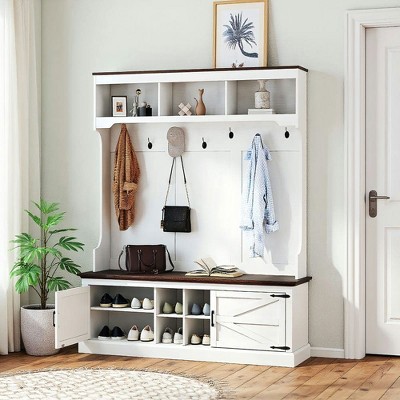 Resenkos 3-In-1 Hall Tree - Shoe Storage, Coat Rack & Bench, Entryway Furniture with Five Hooks,  Wood Grain