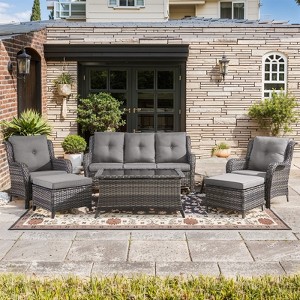 Gymojoy 6 Piece Outdoor Wicker Sofa with Patio Chairs with Coffee Table and Ottoman Sets - 1 of 4