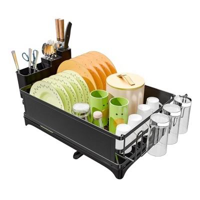 Simple Trending Dish Rack, Steel Dish Drying Rack for Kitchen Counter, Dish Drainer with Cutlery Holder for Large Capacity,  Black