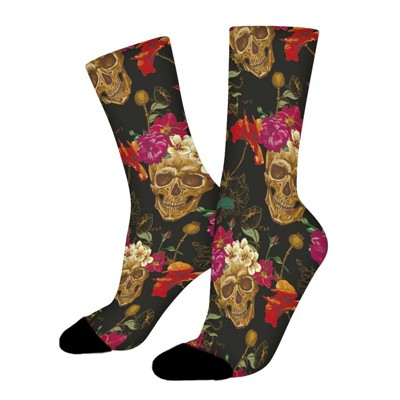 Skull And Poppies Flower Women Printed Crew Socks Funny Funky Socks Soft Polyester Novelty Gifts for Artists Men