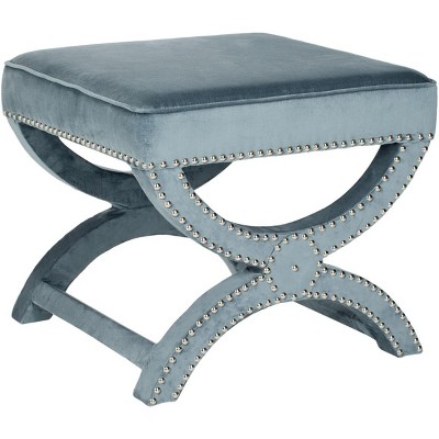 Mystic Blue Velvet Box Ottoman with Nailhead Detailing