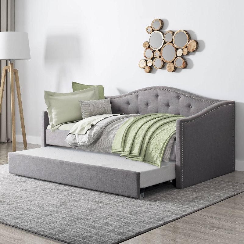 Twin Fairfield Tufted Fabric Day Bed with Trundle Light Gray - CorLiving, 1 of 7