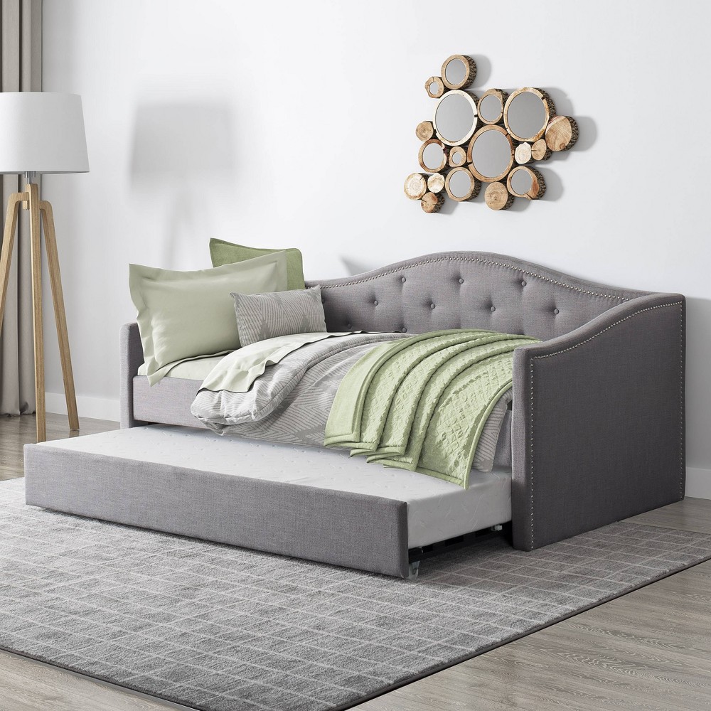Photos - Bed Frame CorLiving Twin Fairfield Tufted Fabric Day Bed with Trundle Light Gray  