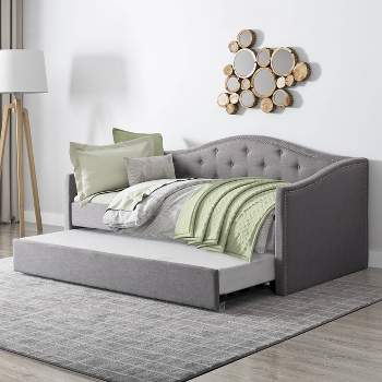 Twin Fairfield Tufted Fabric Day Bed with Trundle Light Gray - CorLiving