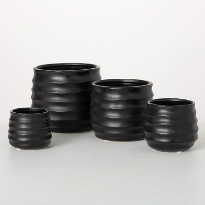 Sullivans 6", 5", 4" & 3" Ebony Ribbed Round Pots Set of 4, Black