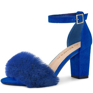 Allegra K Women's Faux Fur Buckle Closure Ankle Strap Block Heels Sandals - 1 of 4