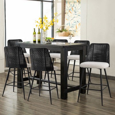 Set of 6 Counter Height Bar Stools, 27" Bouclé Seat & Rattan Back Bar Chairs for Kitchen Island or Dining Bar-Maison Boucle