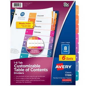 Avery Ready Index 8 Tab Binder Dividers, Customizable Table of Contents, Multicolor Tabs, 6 Sets (11186) - 1 of 4