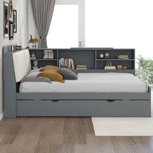 Kumasinova Twin/Full Size Bed Frame with 2 Drawers/Trundle,Wood Twin/Full Bed Frame with Headboard,Platform Bed Frames with Shelves for Teens,Adults - 1 of 4